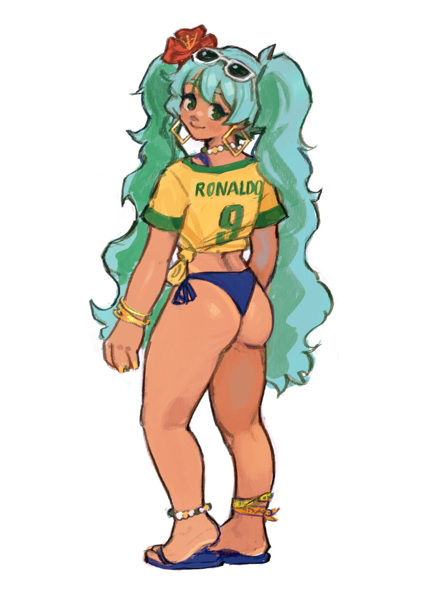 artist_request ass bikini_tan brazil brazilian brazilian_miku hatsune_miku latin_american_hatsune_miku_(meme) ronaldo sandals soccer soccer_uniform tagme thick_legs vocaloid