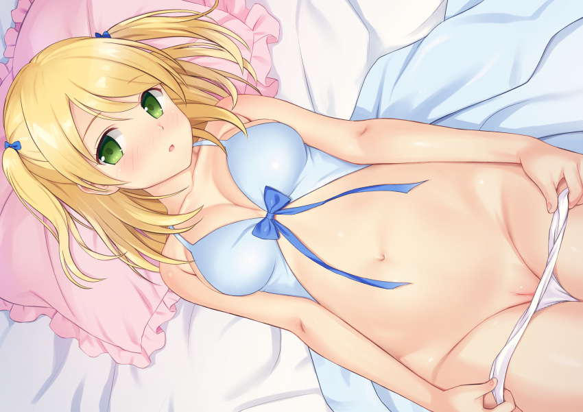 1girls bed blonde_hair blush bow breasts cleavage female female_only green_eyes looking_at_viewer n.g. navel open_mouth original panties panty_pull pussy small_breasts twintails uncensored underwear