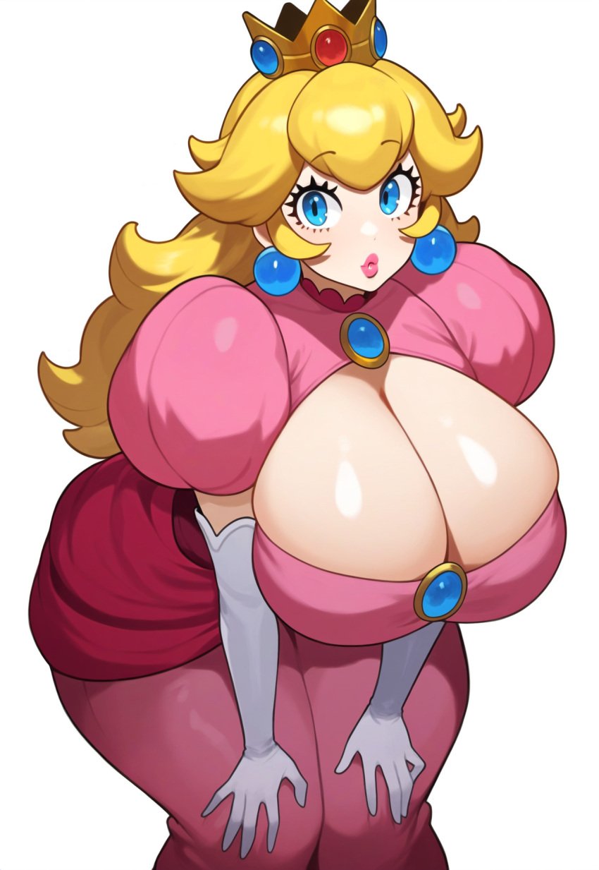 ai_generated big_breasts big_lips blonde_hair blue_eyes cleavage crown dress huge_breasts large_breasts lipstick lubbasdump makeup mario_(series) princess princess_peach royalty wide_hips