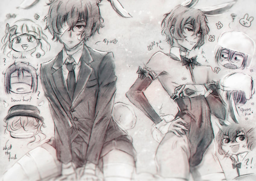 a4th bandage bandage_over_one_eye blush bowtie bowtie_collar bulge bulge_through_clothing bungo_stray_dogs bungou_stray_dogs bunny_ears bunny_tail chuuya_nakahara cold_stare confident corset dazai_osamu elise_(bungo_stray_dogs) feminine_male feminine_pose frown fyodor_dostoevsky grayscale greyscale long_glove long_gloves male male_focus male_only mori_ougai_(bungo_stray_dogs) nakahara_chuuya no_sex osamu_dazai pale_skin partially_clothed reaction reactions sitting smile smiling smirk smirking solo_focus standing suggestive suggestive_gesture suggestive_look suggestive_pose suggestive_posing suit suit_and_tie suit_jacket tie