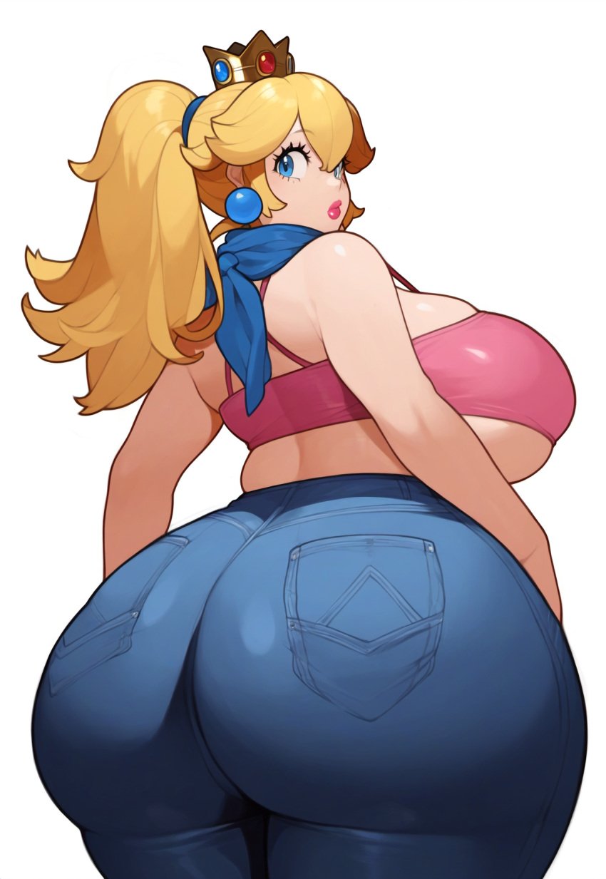 ai_generated big_lips blonde_hair blue_eyes huge_ass huge_breasts jeans lipstick lubbasdump makeup mario_(series) midriff ponytail princess_peach royalty tank_top tubetop wide_hips