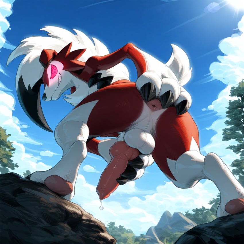 ai_generated anatomically_correct anatomically_correct_genitalia animal_genitalia animal_penis anus balls canid canine canine_penis claws cloud detailed detailed_background detailed_fur director_firewolf feral generation_7_pokemon genitals hi_res knot looking_at_viewer low-angle_view lycanroc male male_only mammal midnight_lycanroc novelai outside paws penis plant pokemon_(species) quality rear_view rock skilled solo spread_anus spreading toe_claws tree