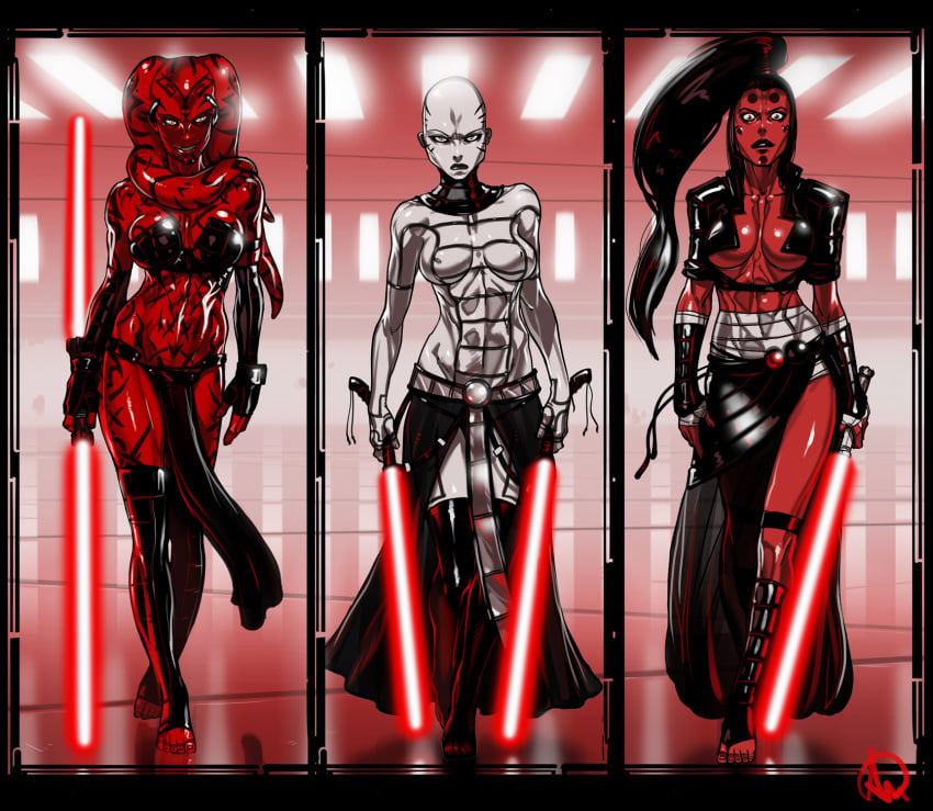 3girls asajj_ventress athletic bald barefoot belt beltskirt big_breasts black_hair bodysuit breasts busty cleavage clone_wars darth_maladi darth_talon dathomiri erect_nipples female female_focus female_only fingerless_gloves full_body ganassa hourglass_figure large_breasts legband lekku lightsaber lipstick loincloth long_hair makeup multiple_girls navel nipple_bulge pale-skinned_female pale_skin pinup ponytail pose posing red_skin sideboob sith skin_tight standing star_wars star_wars:_legacy tagme tattoo thighhighs tied_hair twi'lek underboob wide_hips