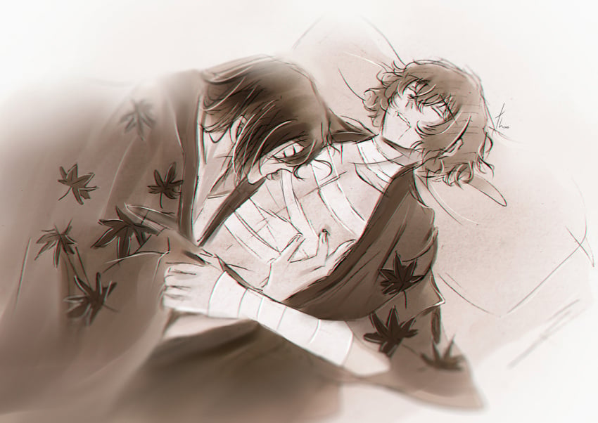 2boys a4th bandage bandaged_arm bandaged_arms bandaged_chest bandages bed bedroom black_hair blush bungo_stray_dogs bungou_stray_dogs dark_hair dazai_osamu drool drooling duo duo_focus fyodor_dostoevsky in_bed intimate kimono laying_back laying_down laying_on_bed licking_chest licking_nipples male male/male male_focus male_only nipple_tweak nipples no_sex osamu_dazai slight_blush sucking_nipples suggestive touching_nipples