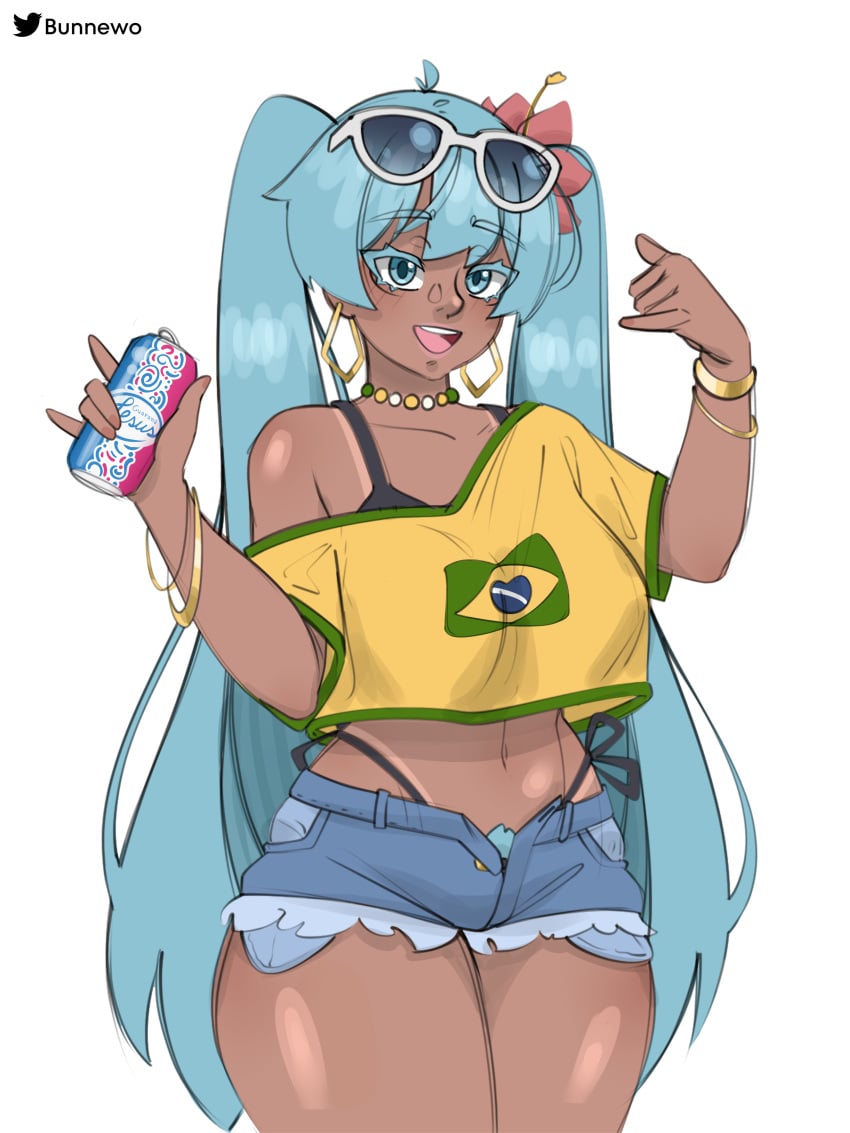 blue_hair brazil brazilian brazilian_female brazilian_flag_bikini brazilian_miku bunnewo hatsune_miku latin_american_hatsune_miku_(meme) necklace soda tan_line tan_lines tanline tanlines tanned tanned_body tanned_female tanned_girl tanned_skin thong vocaloid whale_tail