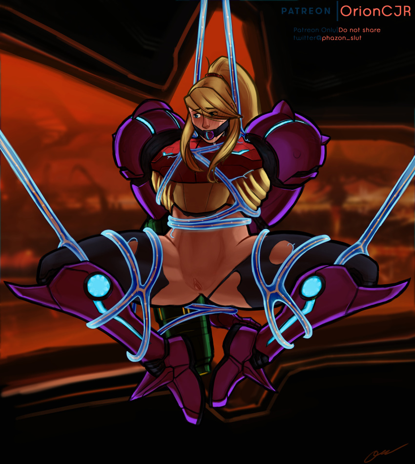 alternate_costume alternate_version_available armor arms_behind_back background ball_gag bare_legs bare_midriff blonde_hair blue_eyes bondage drooling female female_only gravity_suit human metroid metroid_prime nintendo patreon_logo patreon_username phazon_slut ponytail power_suit pubic_stubble pussy restrained samus_aran signature solo spread_legs tentacle thick_thighs torn_bodysuit