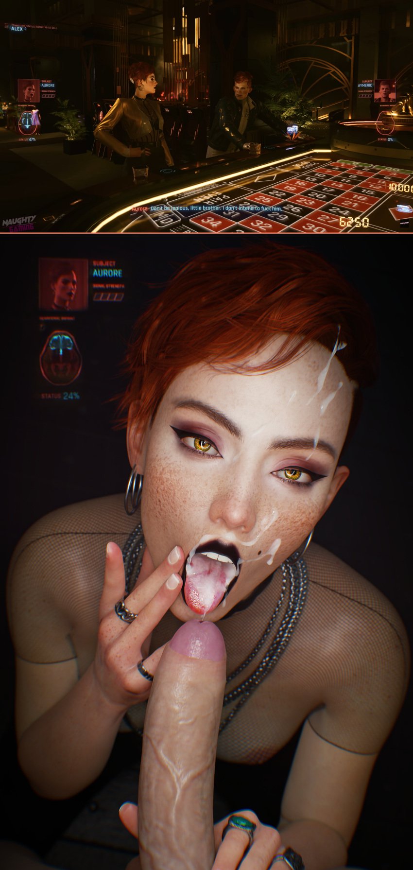 1boy 1girls 3d areolae aurore_cassel black_lipstick breasts cum cum_in_mouth cum_on_face cum_on_tongue cyberpunk_2077 cyberpunk_2077:_phantom_liberty erection facial female foreskin freckles fugtrup gold_eyes lipstick male male_pov nipples partial_male penis pov red_hair short_hair uncircumcised uncut