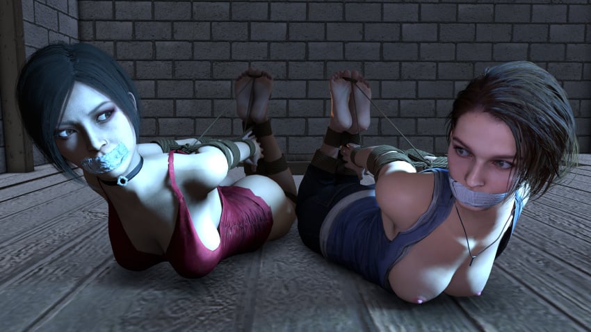 2girls 3d ada_wong blue_tank_top bondage bound bound_arms bound_legs breasts_out brick_wall choker collar fully_clothed gag gagged hogtie hogtied ironlawbringer jill_valentine multiple_girls necklace red_tank_top resident_evil tape_gag taped_mouth toes_tied wooden_floor