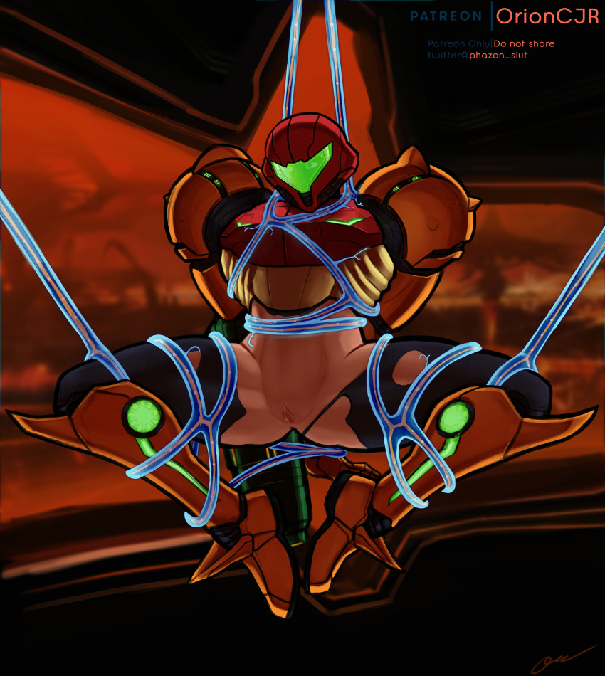 1girls armor armored_samus arms_behind_back background bare_legs bare_midriff blonde_hair blue_eyes bondage bound bound_legs female female_only helmet helmet_with_visor human metroid metroid_prime nintendo patreon_logo patreon_username phazon_slut power_suit pubic_stubble pussy restrained samus_aran signature solo spread_legs tentacle thick_thighs torn_bodysuit varia_suit varia_suit_helmet