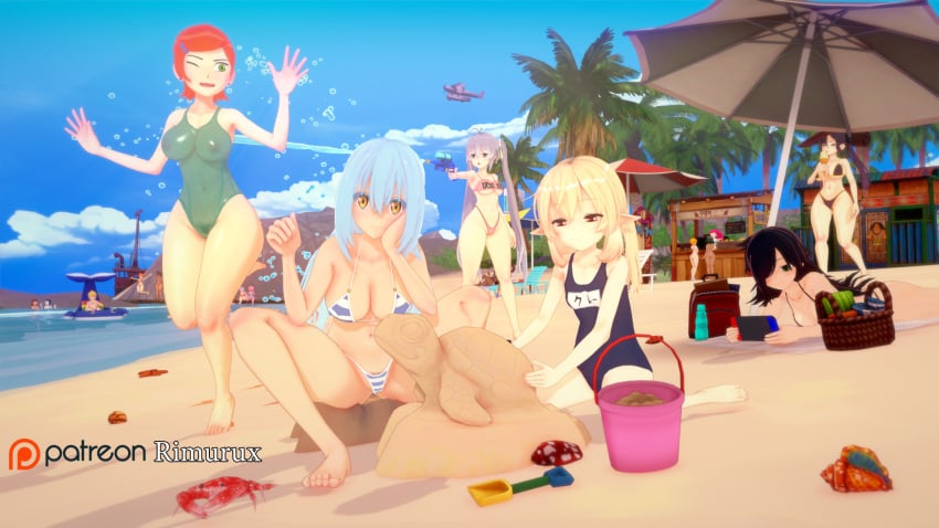 6girls basket beach beach_umbrella ben_10 bikini black_bikini black_bikini_bottom black_bikini_top black_hair blonde_hair cabana cartoon_network crab crossover elf_ears elf_female female female_only genshin_impact grey_hair gwen_tennyson klee_(genshin_impact) koikatsu large_breasts looking_at_viewer medium_breasts mona_(genshin_impact) multiple_girls nintendo_switch_console ocean palm_tree plane red_hair rimuru_tempest rimurux sand_castle school_swimsuit sea seaplane seashell see-through_clothing sheer ship shovel small_breasts striped_bikini striped_bikini_bottom striped_bikini_top tensei_shitara_slime_datta_ken tomoko_kuroki watashi_ga_motenai_no_wa_dou_kangaetemo_omaera_ga_warui! water_bottle water_gun