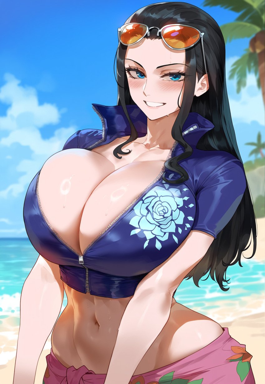 ai_generated beach black_hair blue_eyes breast_squeeze breasts_bigger_than_head cleavage creamy_ai curvy female female_only huge_breasts jacket midriff narrow_waist navel nico_robin one_piece post-timeskip sarong v_arms wide_hips