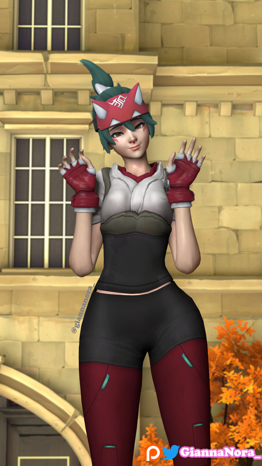 3d asian asian_female brown_hair cute giannanora_ green_hair kiriko_(overwatch) overwatch overwatch_2 standing