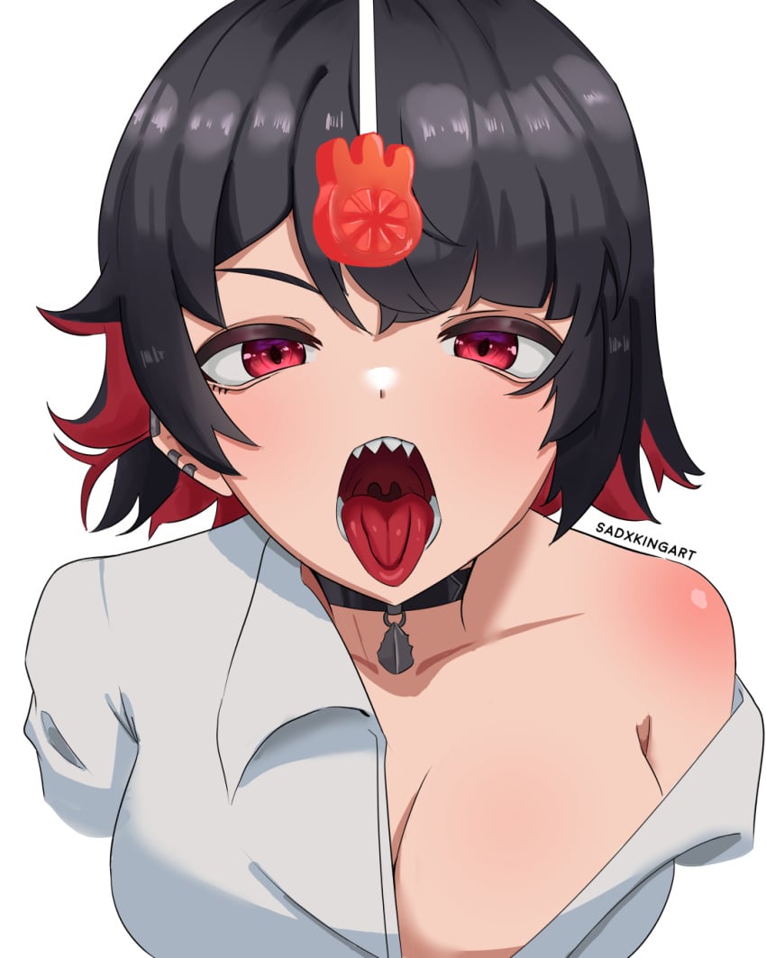 black_hair breasts candy ellen_joe hoyoverse lolipop mihoyo mihoyo_technology_(shanghai)_co._ltd. monster_girl partially_clothed red_eyes sadxkingart shark_girl sharp_teeth tongue tongue_out uvula white_shirt white_skin zenless_zone_zero