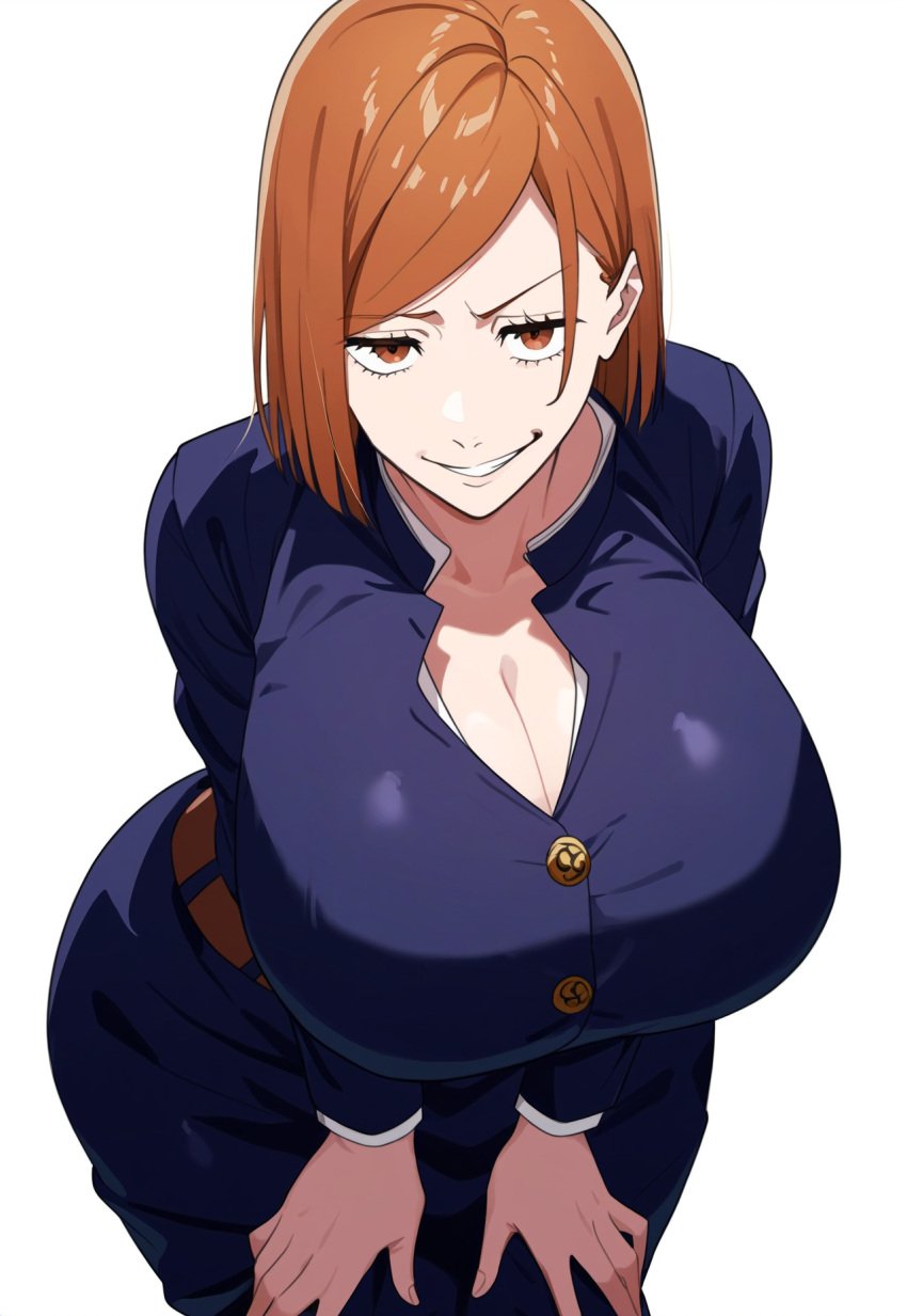 ai_generated brown_eyes brown_hair huge_breasts jujutsu_kaisen kugisaki_nobara large_breasts lubbasdump raised_eyebrow school_uniform smirk smirking wide_hips