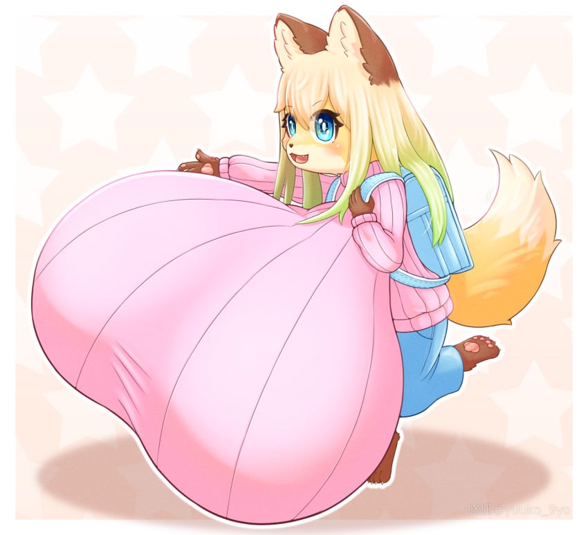 1girls animal_ears anthro anthro_focus anthro_only blonde_hair blue_eyes breasts breasts_bigger_than_head cake chibi closed_eyes fangs female fox_ears fox_girl fox_tail furry furry_female furry_only hyper_breasts massive_breasts open_mouth original original_character shortstack small_but_busty solo tail two_tone_hair yu_fox