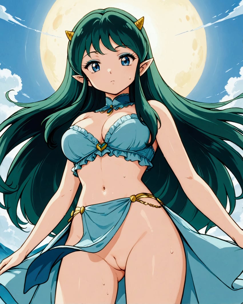 ai_generated blue_eyes eyeshadow from_below generated_by_nanek green_hair horns loincloth looking_at_viewer lum oni_female pointy_ears pussy seaart.ai urusei_yatsura