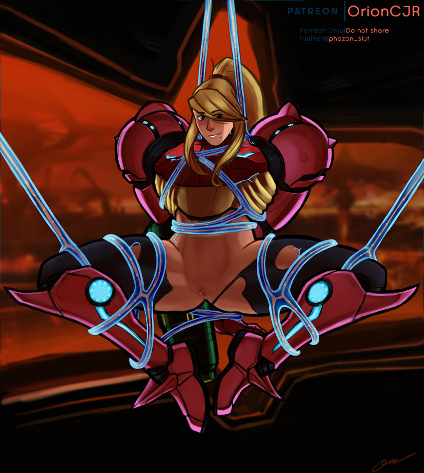 alternate_costume alternate_version_available armor arms_behind_back background bare_legs bare_midriff blonde_hair blue_eyes bondage female female_only human metroid metroid_prime nintendo patreon_logo patreon_username phazon_slut ponytail power_suit pubic_stubble pussy restrained samus_aran signature solo spread_legs tentacle thick_thighs torn_bodysuit