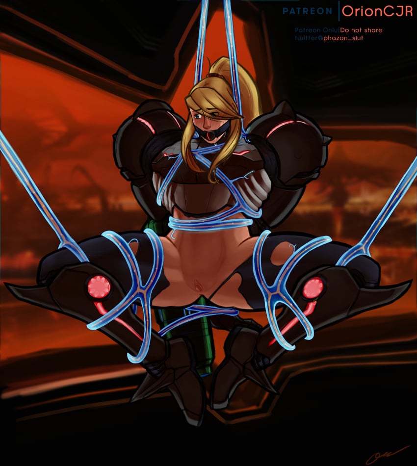 2d alternate_costume alternate_version_available armor arms_behind_back background ball_gag bare_legs bare_midriff blonde_hair blue_eyes bondage drooling female female_only human metroid metroid_prime nintendo patreon_logo patreon_username phazon_slut ponytail power_suit pubic_stubble pussy restrained samus_aran signature solo spread_legs tentacle thick_thighs torn_bodysuit