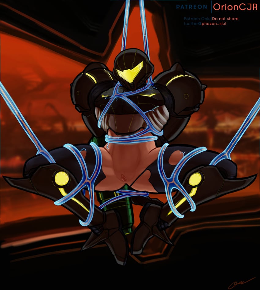 alternate_costume alternate_version_available armor arms_behind_back background bare_legs bare_midriff blonde_hair blue_eyes bondage female female_only human metroid metroid_prime nintendo patreon_logo patreon_username phazon_slut power_armor power_suit pubic_stubble pussy restrained samus_aran signature solo spread_legs tentacle thick_thighs torn_bodysuit