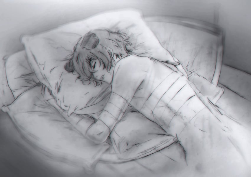 a4th bandage bed bsd bungo_stray_dogs bungou_stray_dogs canine dazai_osamu dog_boy dog_ears dogboy eyes_closed grayscale greyscale holding_pillow in_bed male male_focus male_only male_solo naked naked_male no_sex nude nude_male osamu_dazai pillow pillow_hug pillows puppy_boy puppy_ears puppyplay shirtless shirtless_male sleeping sleeping_nude solo solo_focus solo_male