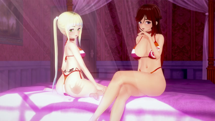 2girls accursedflowers ass bed bikini blonde_hair collar earrings eyeshadow green_eyes koikatsu large_breasts lesbian_pride_bikini lesbian_pride_colors lgdiva lipstick long_hair lower_back_tattoo multiple_girls orientation_play red_hair sitting sitting_on_bed spank_marks tattoo tramp_stamp twintails