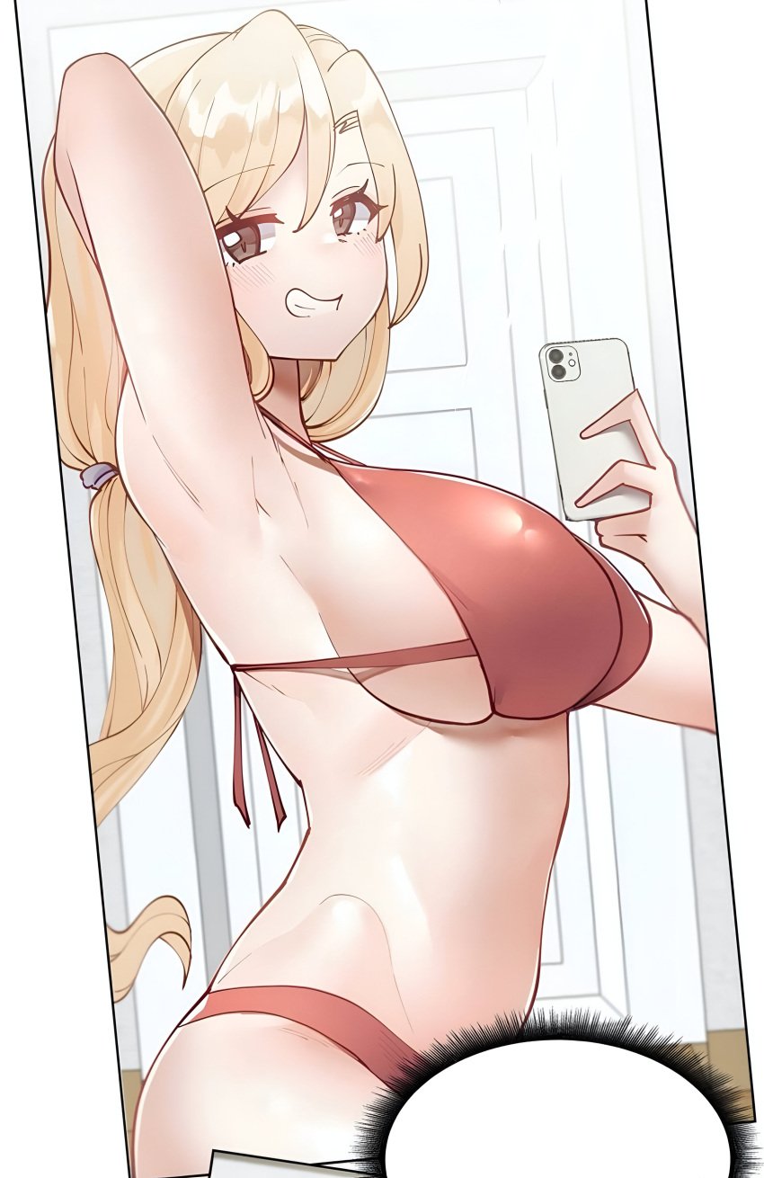 arm_up armpits ass_visible_through_thighs bare_belly bare_shoulders bare_thighs bikini black_eyes blonde_hair blush breasts brown_eyes changing_room choi_taeyoung cleavage holding_phone house huge_breasts learning_the_hard_way long_hair looking_at_viewer manhwa mirror mirror_reflection parted_lips phone ponytail pornhwa red_bikini red_bikini_bottom red_bikini_top selfie selfie_pose shiny_skin sideboob smile webtoon yejin_lim