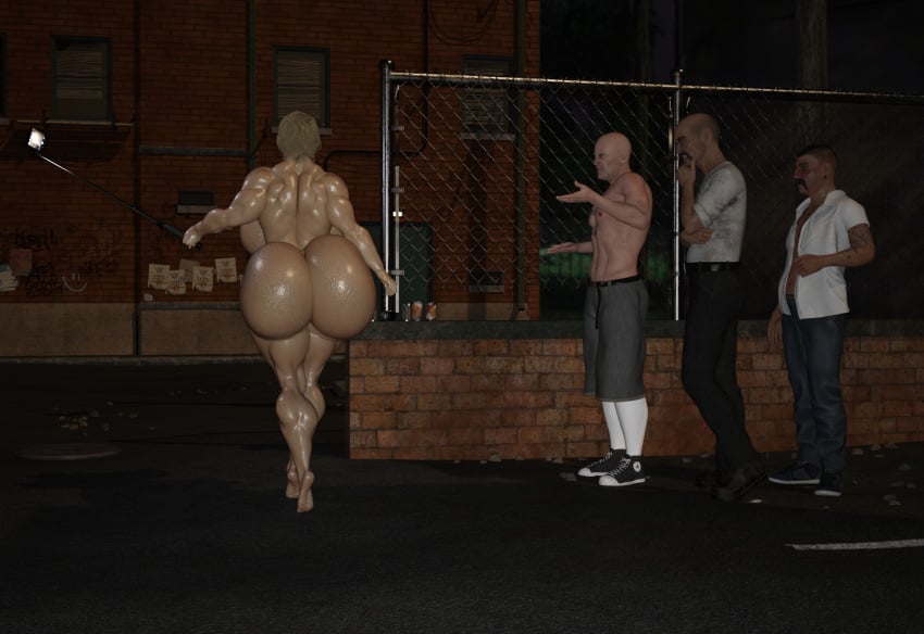 3d alley alleyway barefoot big_ass big_breasts big_butt bimbo caught daz_studio dzcelestial3d exhibitionism exhibitionist exposed_ass feet female female_only human hyper_lips men night nighttime public public_nudity selfie_stick short_hair soles stranger streaking walking wet