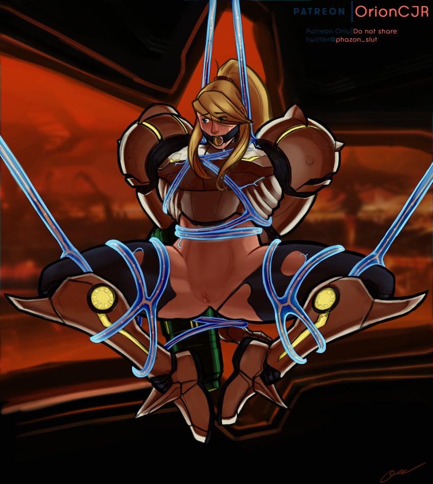 alternate_costume alternate_version_available armor arms_behind_back background ball_gag bare_legs bare_midriff blonde_hair blue_eyes bondage drooling female female_only human metroid metroid_prime nintendo patreon_logo patreon_username phazon_slut ponytail power_suit pubic_stubble pussy restrained samus_aran signature solo spread_legs tentacle thick_thighs torn_bodysuit