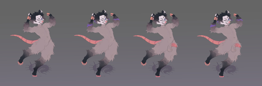 absurd_res action_pose american_opossum anthro balls big_balls black_body black_fur eyewear fur genitals glasses grey_body grey_fur hi_res male male_only mammal marsupial model_sheet penis pose possum_(true_fossil_soul) purple_body purple_fur saggy_balls solo solo_male tail thick_tail true_fossil_soul virginia_opossum white_body