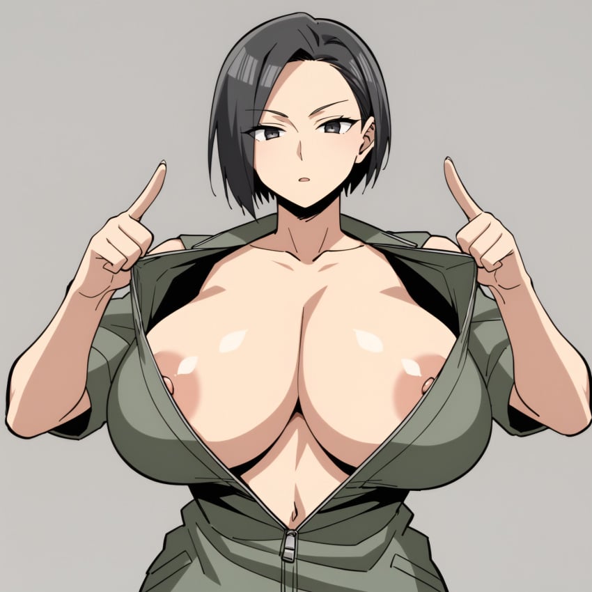 1girls ai_generated areolae artist_request big_breasts black_hair cleavage emotionless etra-chan_saw! female_focus female_only karin_(etra-chan_saw!) lazy_tags low_effort nipple_peek nipples solo source_request sweater tagme tomboy