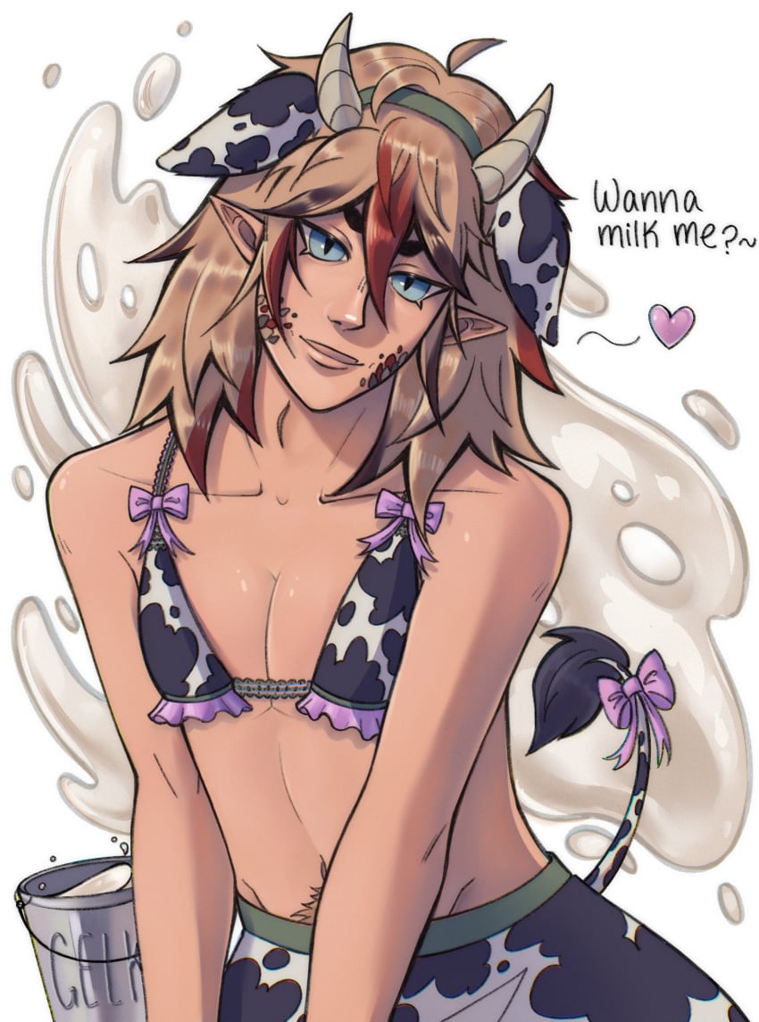 bowtie bucket_of_cum cow_ears cow_horns cow_print cum elf elf_ears femboy male skirt streamer tuko tuko_cazador twitch_streamer