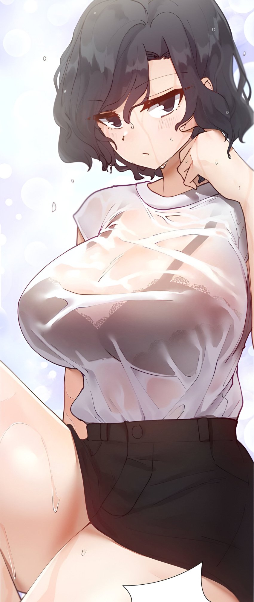 bare_arms bare_legs bare_thighs black_bra black_eyes black_hair black_skirt blush bra bra_visible_through_clothes breasts choi_taeyoung cleavage closed_mouth huge_breasts learning_the_hard_way manhwa outdoors pornhwa shirt short_hair skirt thick_thighs thighs webtoon wet_body wet_clothes wet_hair white_shirt yoobin