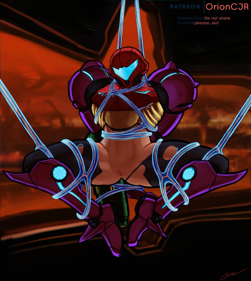 alternate_costume alternate_version_available armor arms_behind_back background bare_legs bare_midriff blonde_hair blue_eyes bondage female female_only human metroid metroid_prime nintendo patreon_logo patreon_username phazon_slut power_armor power_suit pubic_stubble pussy restrained samus_aran signature solo spread_legs tentacle thick_thighs torn_bodysuit