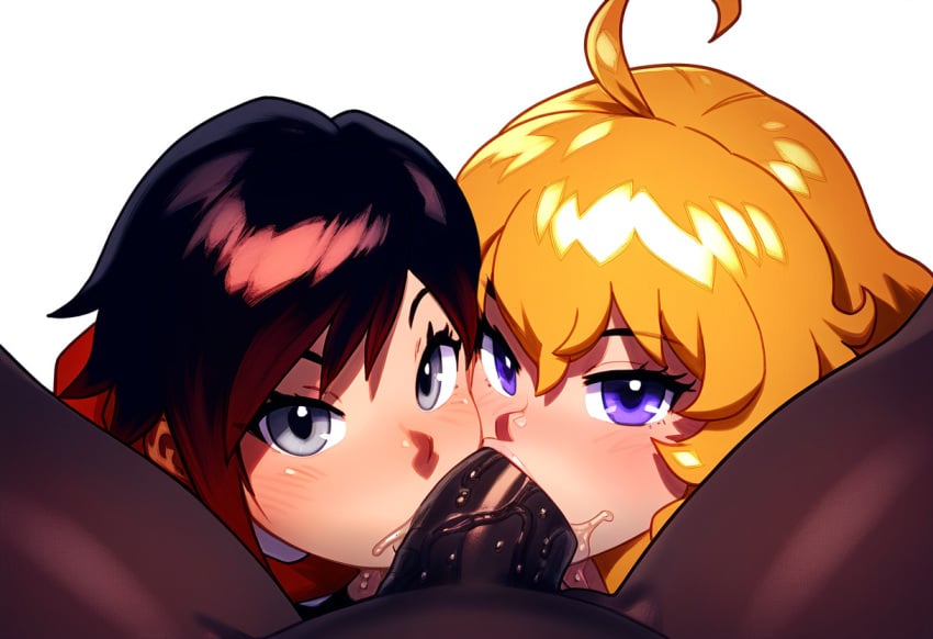 ai_generated black_cock black_hair blonde_hair dark-skinned_male double_blowjob ffm_threesome interracial novelai orange_scarf pickney pov pov_crotch purple_eyes red_cape red_hair ruby_rose rwby saliva_trail silver_eyes sisters two-tone_hair white_girls yang_xiao_long