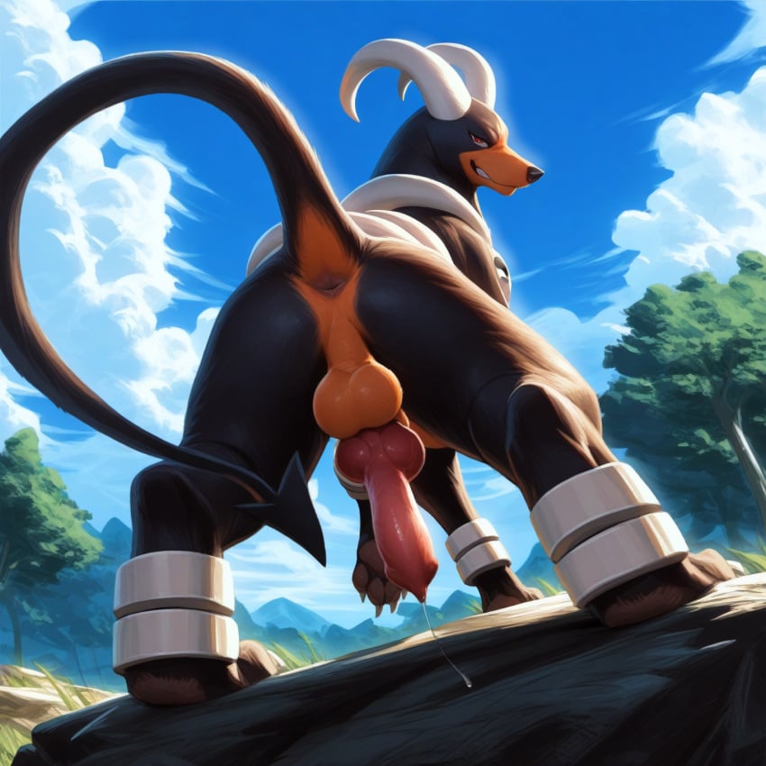 ai_generated anatomically_correct anatomically_correct_genitalia animal_genitalia animal_penis anus balls bodily_fluids canid canine canine_penis claws cloud detailed detailed_background detailed_fur director_firewolf feral generation_2_pokemon genital_fluids genitals hi_res houndoom knot looking_at_viewer low-angle_view male male_only mammal novelai outside pawpads paws penis plant pokemon_(species) precum raised_tail rear_view rock solo toe_claws tree