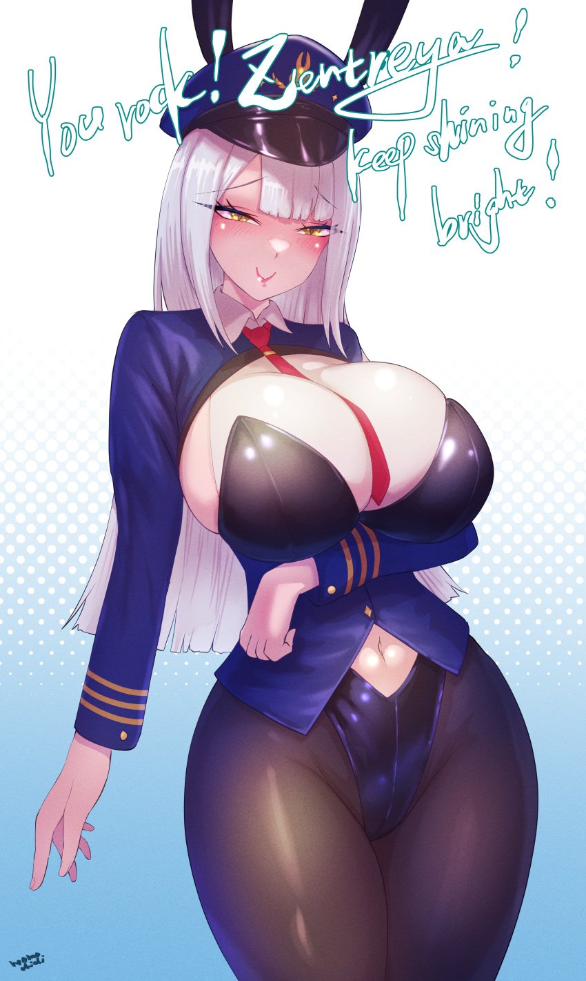 absurdres animal_ears arm_under_breasts black_leotard black_pantyhose blue_jacket breasts cleavage clothing_cutout fake_animal_ears female grey_hair hat highres jacket large_breasts leotard long_hair looking_at_viewer momoyama_tits navel navel_cutout necktie pantyhose playboy_bunny police_hat rabbit_ears red_necktie smile solo virtual_youtuber vshojo white_background yellow_eyes zentreya zentreya_(cyborg)