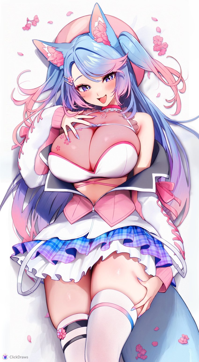 absurdres animal_ears artist_name beret blue_hair blue_skirt blush breasts cleavage clickdraws commentary dakimakura_(medium) english_commentary female flower gradient_hair hair_flower hair_ornament hand_on_own_thigh hat highres indie_virtual_youtuber large_breasts lying miniskirt multicolored_clothes multicolored_hair multicolored_skirt on_back open_mouth partially_unzipped pink_flower pink_hair pink_hat pink_petals plaid_clothes plaid_skirt purple_eyes purple_nails purple_skirt see-through see-through_cleavage silvervale skirt solo tail thighhighs virtual_youtuber white_thighhighs wolf_ears wolf_girl wolf_tail zettai_ryouiki