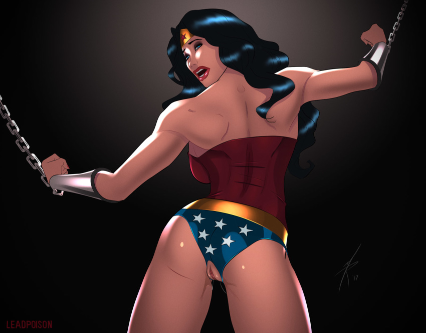 1girls 2017 amazon ass black_hair blue_eyes blue_panties bondage bound bound_wrists bracers breastplate chained chained_wrists chains crotch_cutout crotchless_panties dated dc dc_comics diana_prince enslaved_royal exposed_pussy female female_only femsub from_behind goddess heroineaddict human justice_league leotard lipstick long_hair panties pinup pussy pussy_juice royalty signature solo spread_arms standing superheroine themysciran thighs tiara vulva wet_pussy wonder_woman wonder_woman_(series)