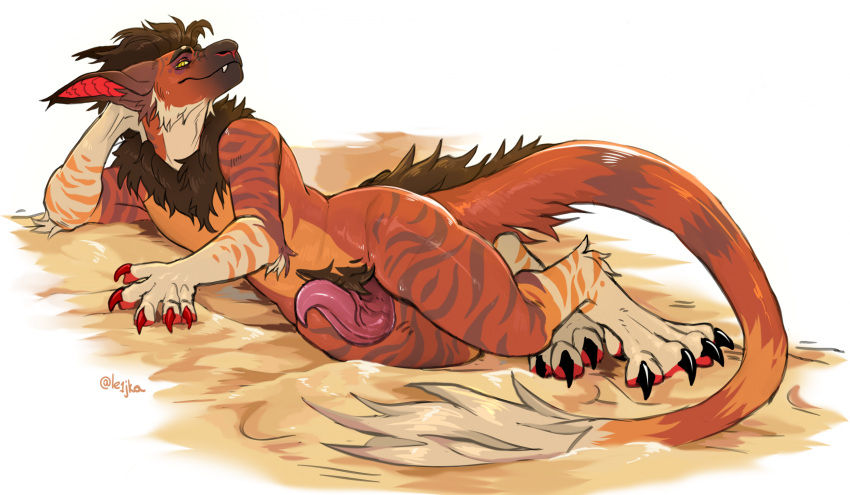 anthro black_claws claws dragon erection fur furred_dragon furred_scalie genitals hi_res looking_at_viewer male mythological_creature mythological_scalie mythology orange_body orange_fur pawpads penis pink_penis red_claws red_pawpads sand scalie solo sssmazkaa tapering_penis