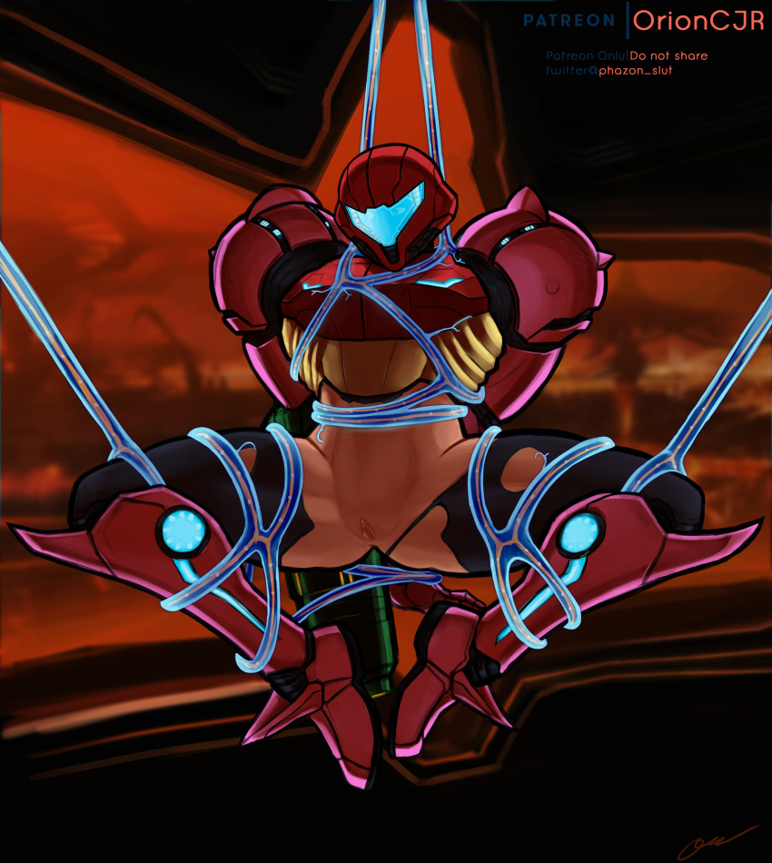 alternate_costume alternate_version_available armor arms_behind_back background bare_legs bare_midriff blonde_hair blue_eyes bondage female female_only gravity_suit human metroid metroid_prime nintendo patreon_logo patreon_username phazon_slut power_armor power_suit pubic_stubble pussy restrained samus_aran signature solo spread_legs tentacle thick_thighs torn_bodysuit