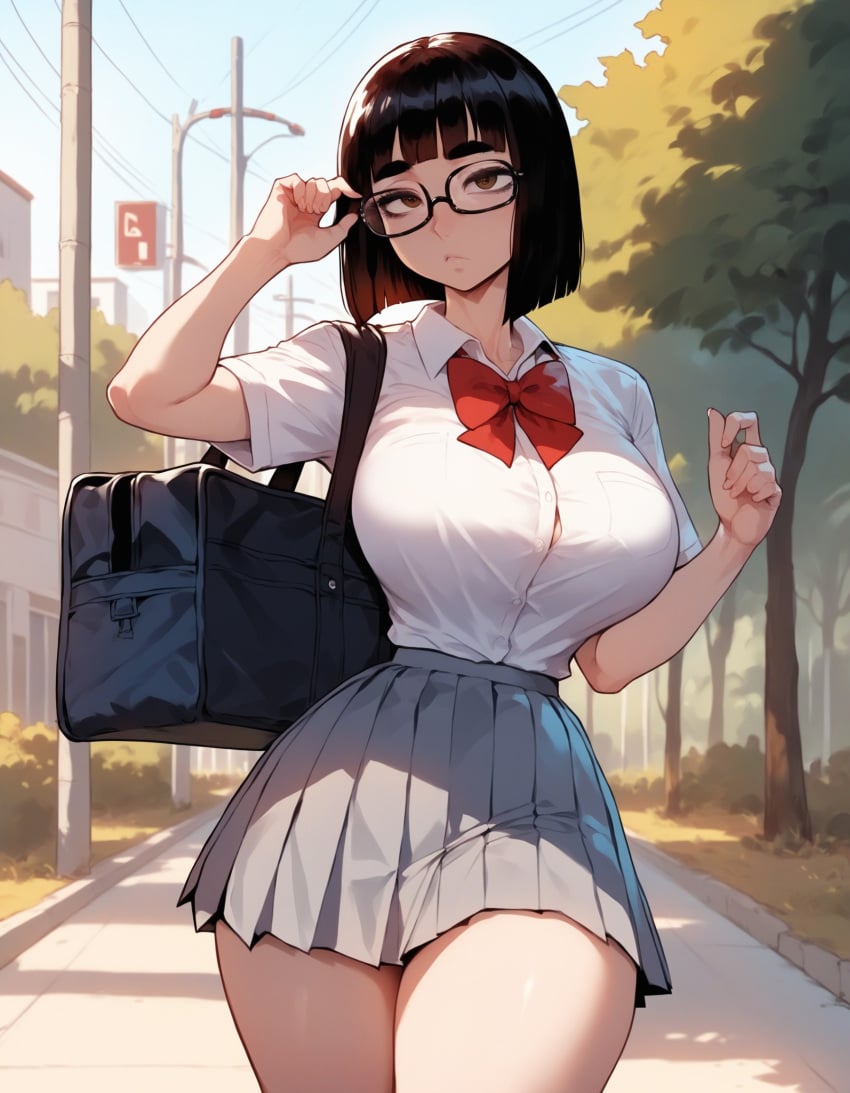 1girls ai_generated artstyle_imitation ass bag bangs big_breasts black_hair blowjob blunt_bangs bob_cut bowtie bra breasts brown_eyes classroom curvy emotionless eyelashes eyeshadow glasses gray_skirt nerd night night_sky olie pale-skinned_female pleated_skirt red_bowtie school school_uniform schoolgirl sex sexy_pose short_hair skirt straight_hair thiccwithaq_(ai_style) thick_ass thick_legs thick_lips thick_thighs thighs xandr