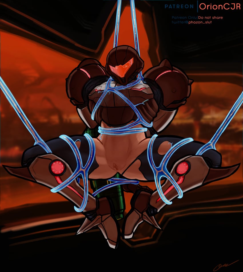 alternate_costume alternate_version_available armor arms_behind_back background bare_legs bare_midriff blonde_hair blue_eyes bondage female female_only human metroid metroid_prime nintendo patreon_logo patreon_username phazon_slut power_armor power_suit pubic_stubble pussy restrained samus_aran signature solo spread_legs tentacle thick_thighs torn_bodysuit