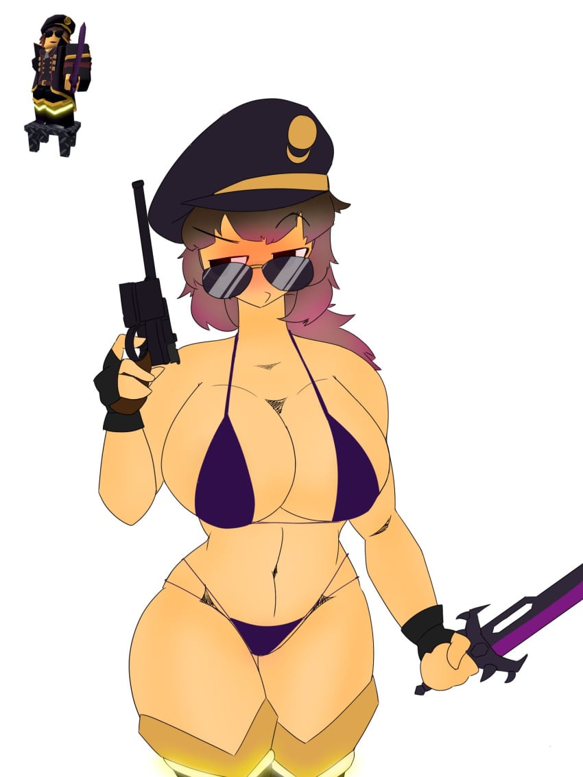 1girls 2d 2d_(artwork) 2d_artwork bikini blush breasts commander_(tds) eclipse_commander gun official_alternate_costume roblox roblox_game robloxian sword tagme thighs tomgeneviere tower_defense_simulator