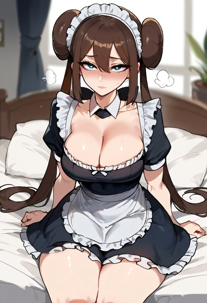 1girls ai_generated bare_arms bare_legs bare_thighs big_breasts blue_eyes blush brown_hair clothed clothing color female female_focus female_only floppydisc game_freak hi_res large_breasts light-skinned_female light_skin long_hair looking_at_viewer maid maid_uniform nintendo paris01 pokemon pokemon_bw pokemon_trainer rosa_(pokemon) solo solo_female tagme thick_thighs