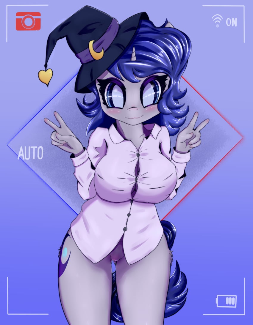 2019 absurd_res blue_eyes blue_hair bottomless breasts clothed clothing digital_media_(artwork) equid equine female hair hi_res mammal mistleinn moonlit_silver my_little_pony pussy solo