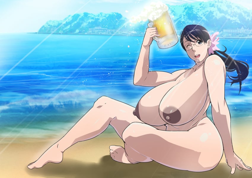 1girls beach beer big_breasts black_hair blue_eyes breasts cattleya completely_nude dark_nipples female_only gigantic_breasts glasses hair_ornament huge_breasts large_breasts mature_female milf mother nude one_eye_closed ponytail queen's_blade rebasuto solo thick_thighs voluptuous wide_hips