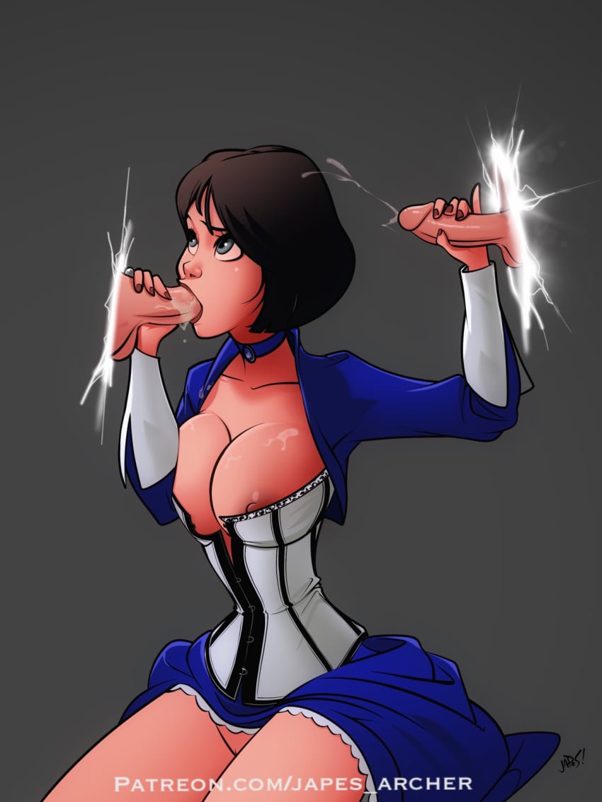 1girls 2boys areolae bioshock bioshock_infinite black_hair bottomless breasts cum cum_on_breasts cumshot disembodied_penis elizabeth_comstock erection fellatio female handjob japes male nipples oral penis portal_(object) straight