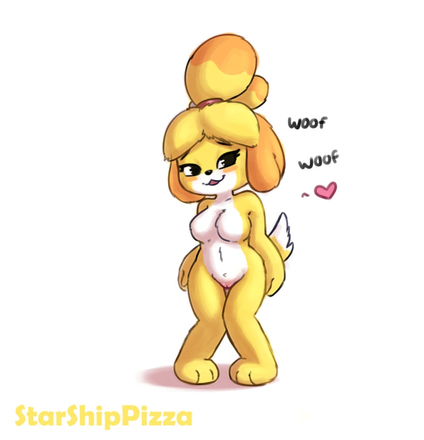 animal_crossing anthro bell blush canid canine canis domestic_dog english_text female fur hair heart hi_res isabelle_(animal_crossing) mammal nintendo onomatopoeia shih_tzu smile solo sound_effects starshippizza text toy_dog video_games white_fur yellow_fur