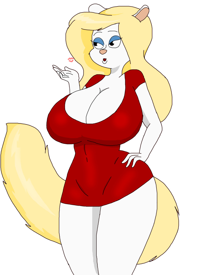 1girls animal_ears animaniacs anthro big_breasts blonde_hair blown_kiss breasts cleavage dress furry hand_on_hip huge_breasts long_hair mascara minerva_mink red_dress smilesaidboredgirl tail thighs tight_dress transparent_background white_fur wide_hips