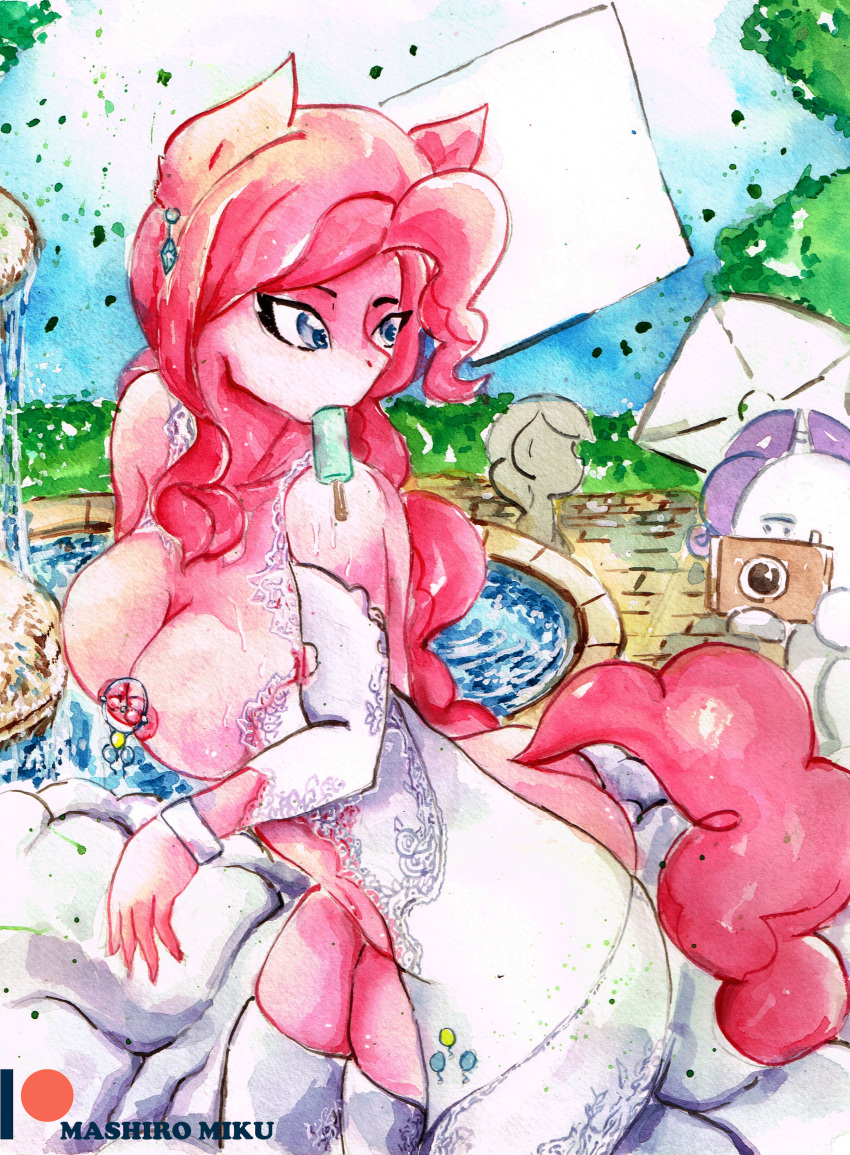 absurd_res anthro exhibitionism friendship_is_magic hi_res mashiromiku my_little_pony nipple_piercing nipples painting_(artwork) piercing pinkie_pie_(mlp) rarity_(mlp) smooth_skin traditional_media_(artwork) watercolor_(artwork)